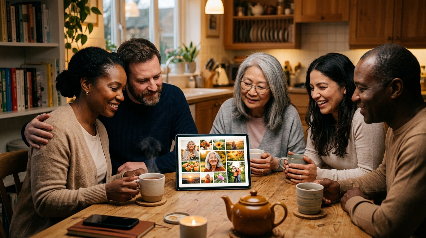 Family viewing a memorial together on a tablet