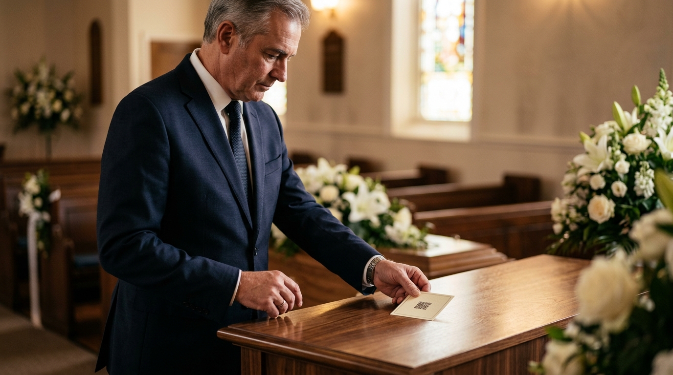 Funeral director placing a Carn QR card beside flowers