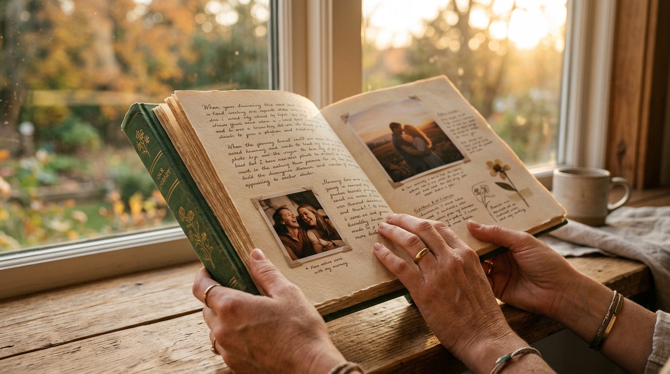 Hands holding a printed memory book