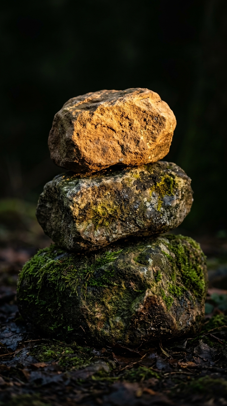 Three stones stacked close-up, amber capstone